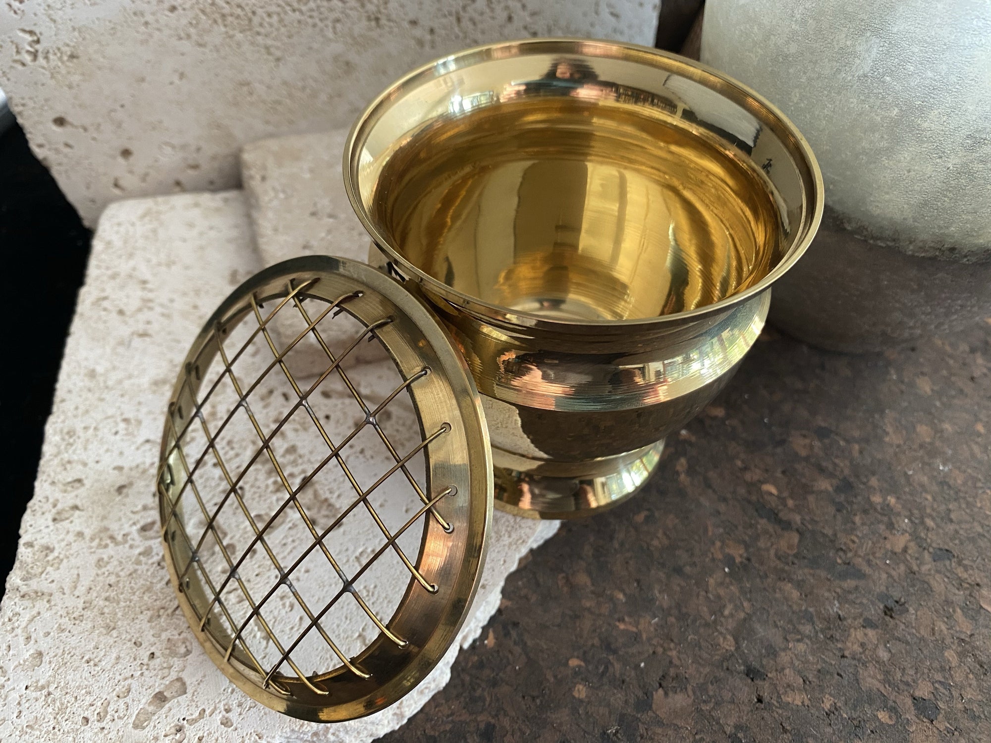 Large brass incense and resin burner with reversible brass mesh top