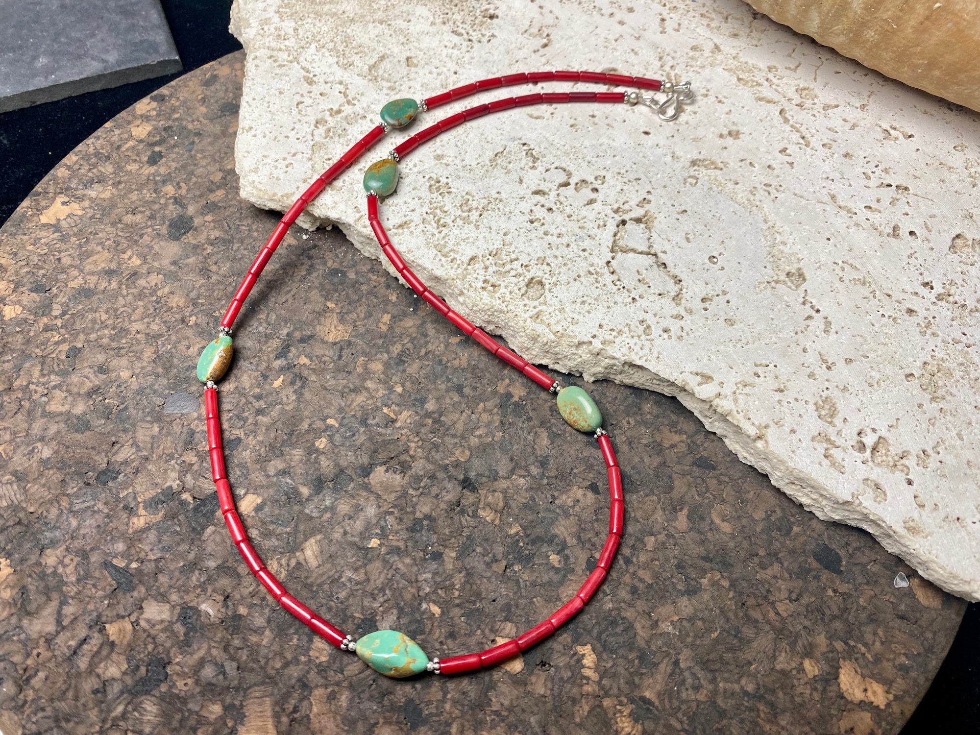 Red bamboo coral and natural Tibetan turquoise necklace, highlighted with sterling silver beads. This is a unisex necklace. Length 62-63 cm length