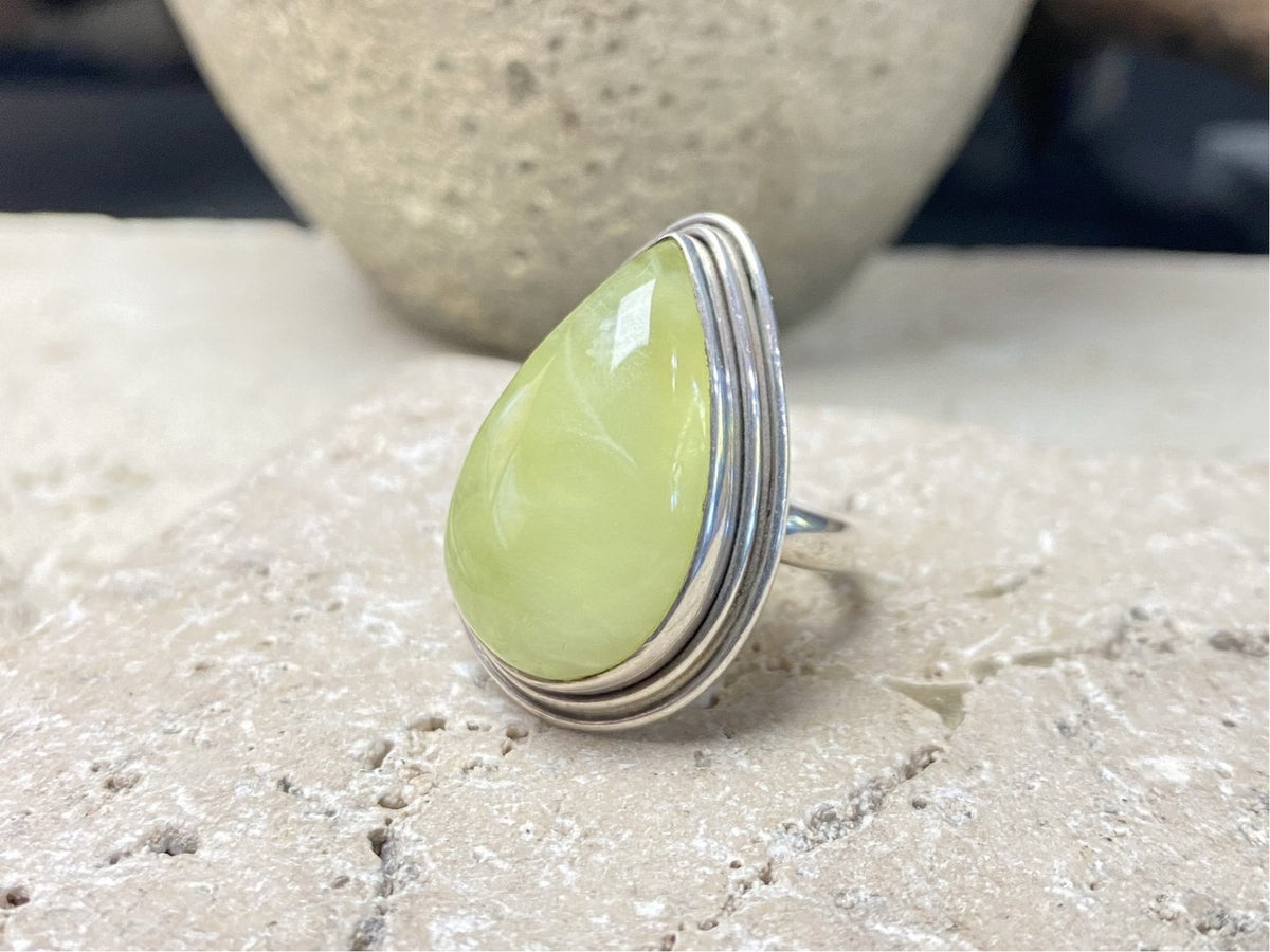 Teardrop cut prehnite ring set in sterling silver, size 7.5