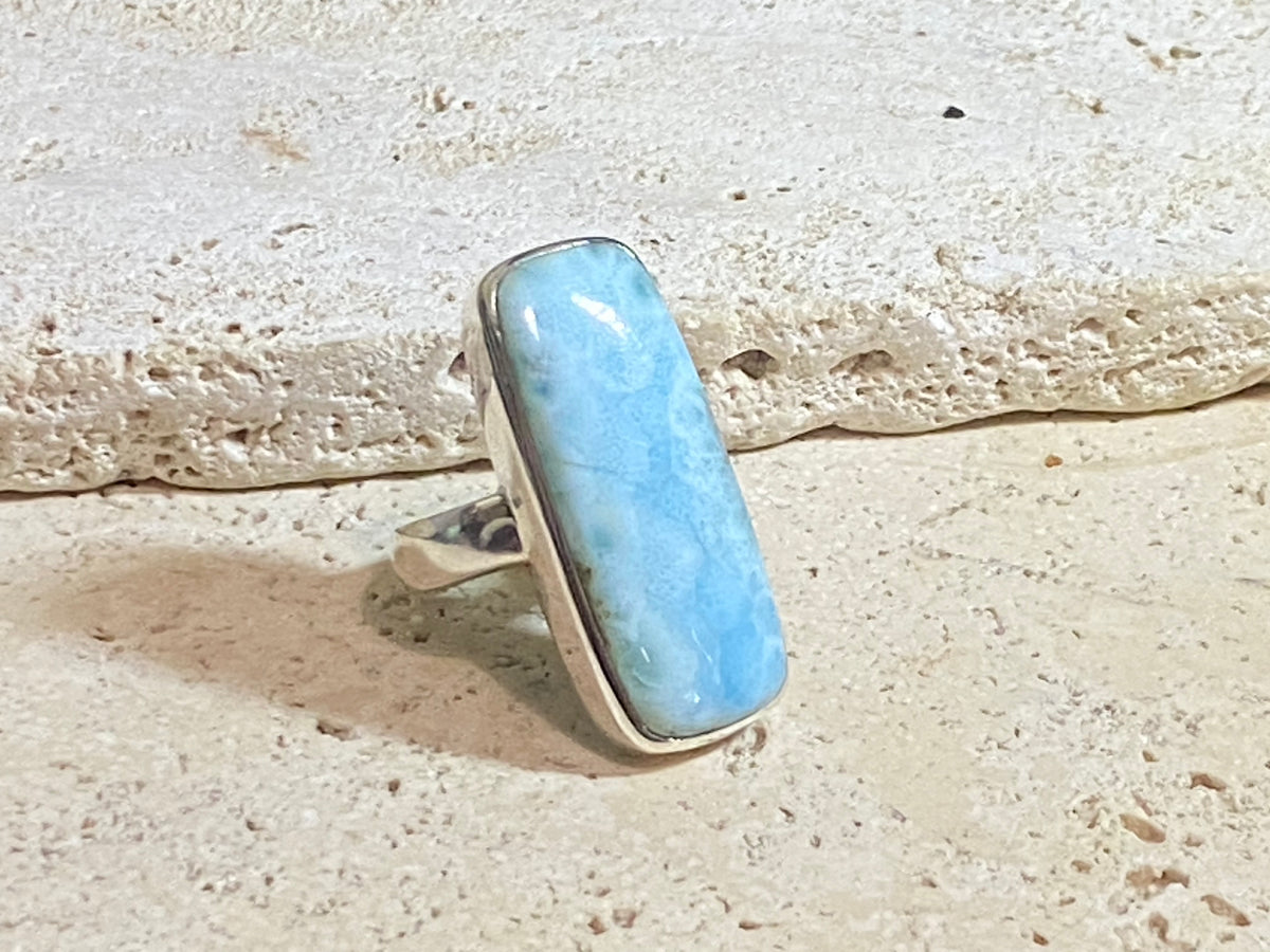 Larimar stone rings set in sterling silver. Each ring is unique, cut and mounted to showcase the beauty of the individual stones.