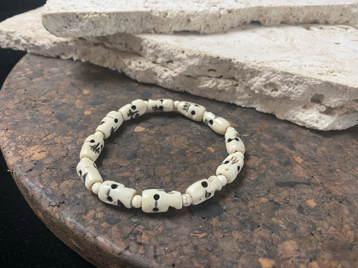 Hand carved skull bead bracelet