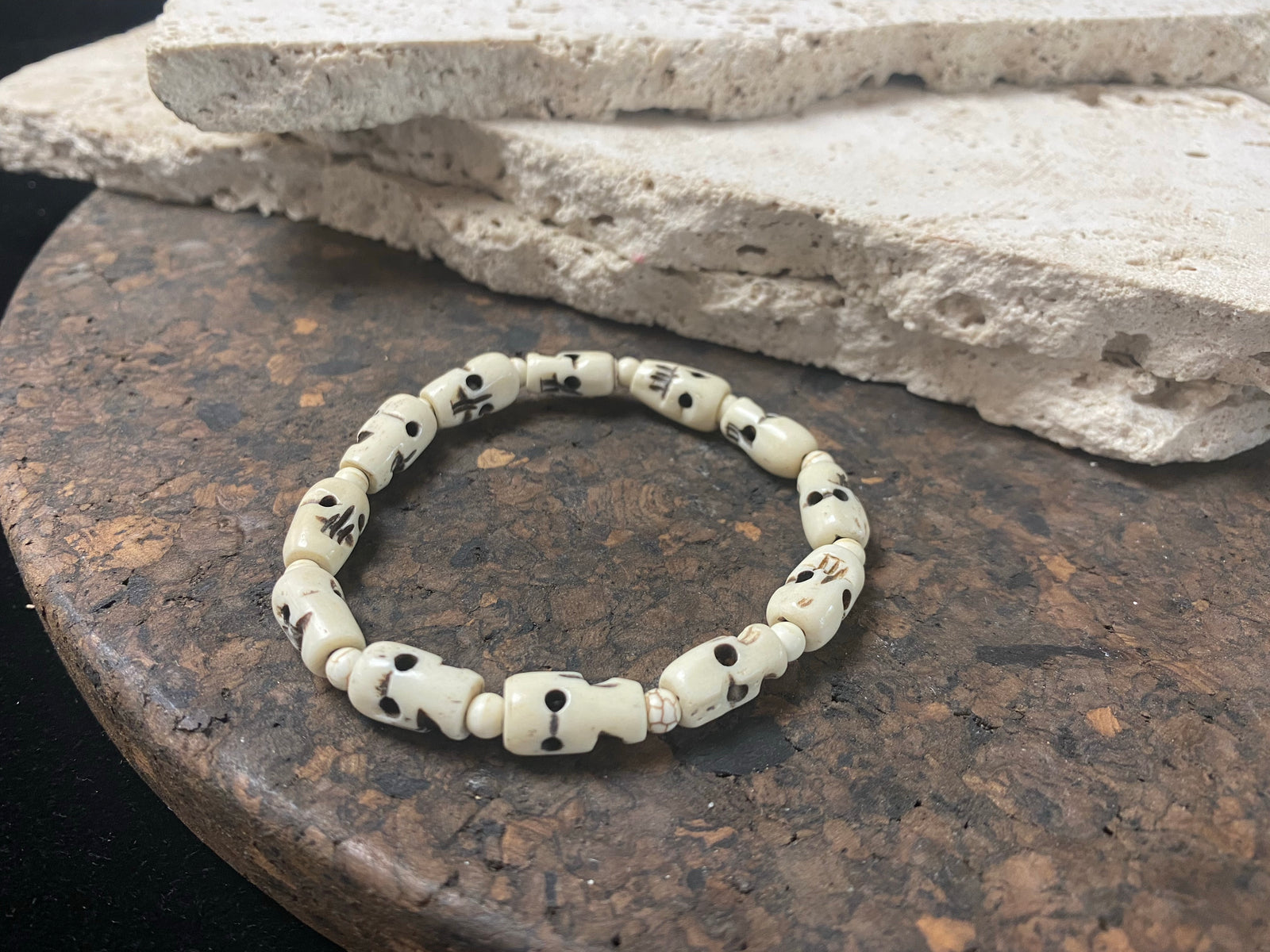 Hand carved skull bead bracelet