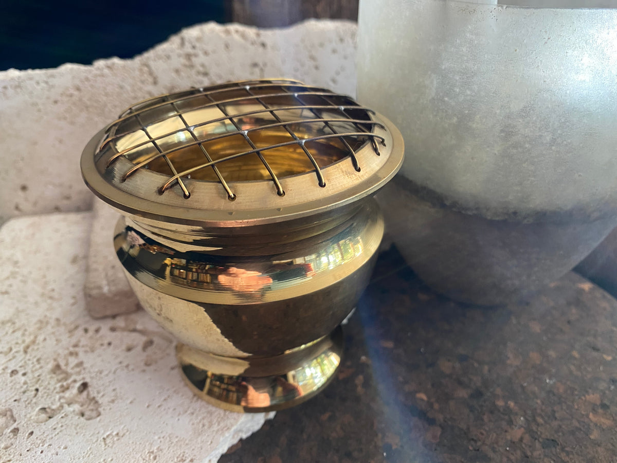 Large brass incense and resin burner with reversible brass mesh top