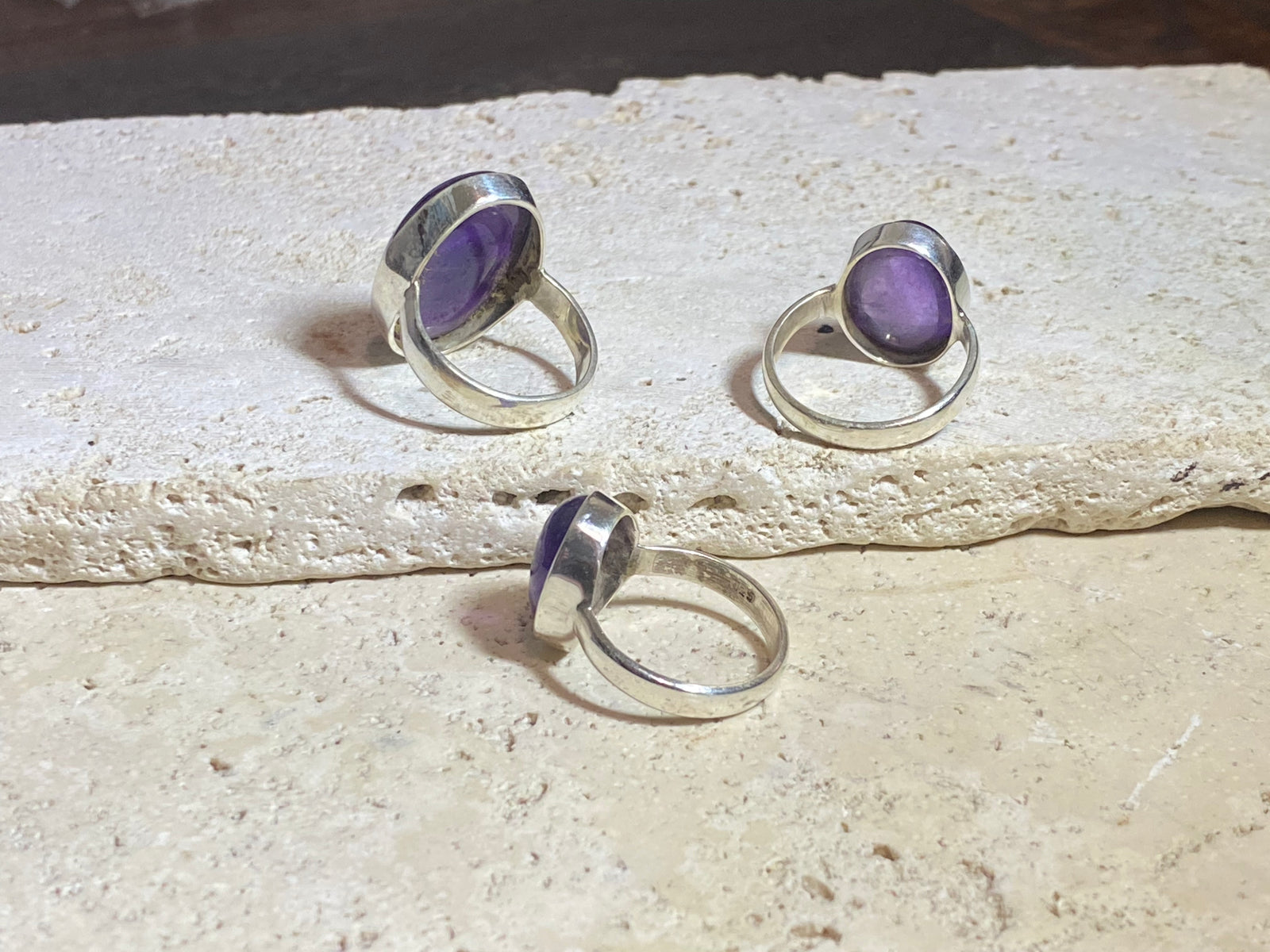 Oval amethyst rings set in sterling silver. 