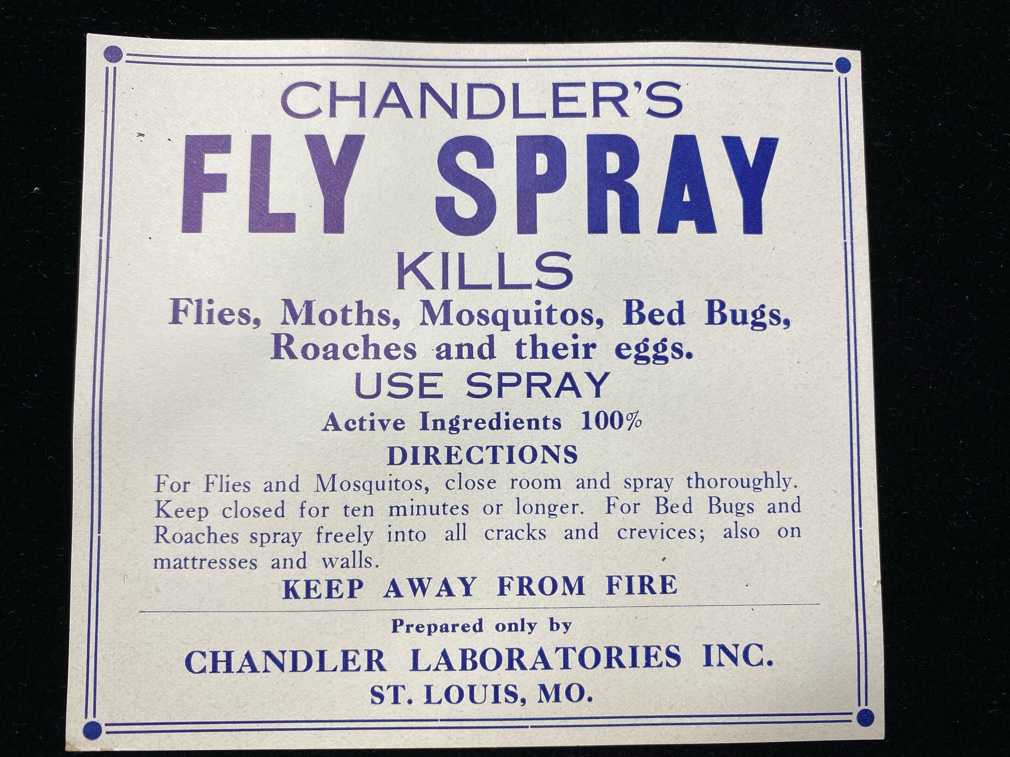 An original bottle label for Chandler's Fly Spray. In mint condition and never used, dating to 1910