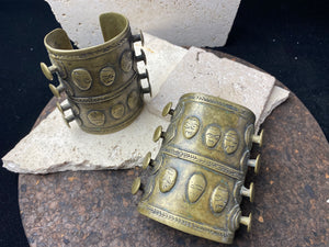 Pair of Naga tribal heavy bronze patterned open cuffs