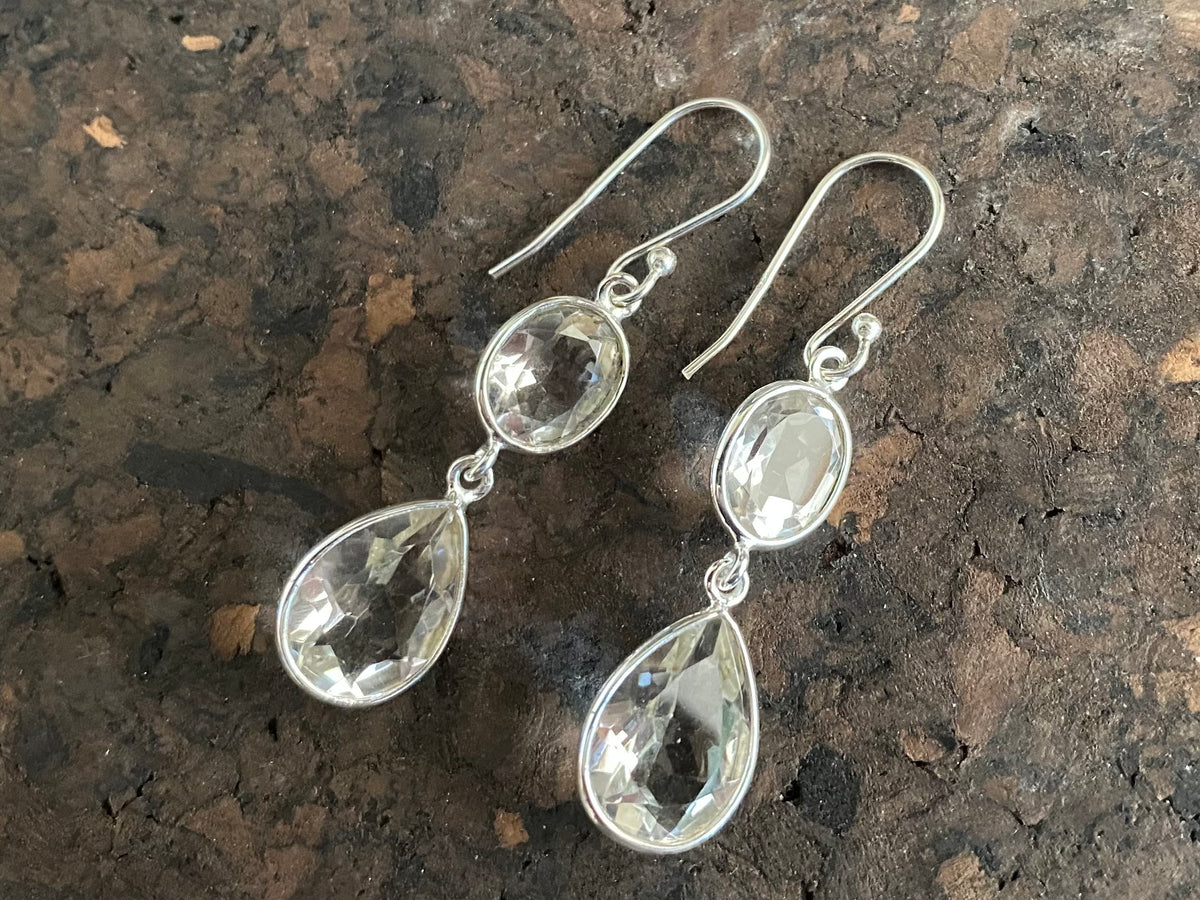 Visually stunning, facet cut drop earrings of facet cut clear or smokey quartz, finished with sterling silver mounts and hooks. The perfect drop earring. Length including hook 5 cm