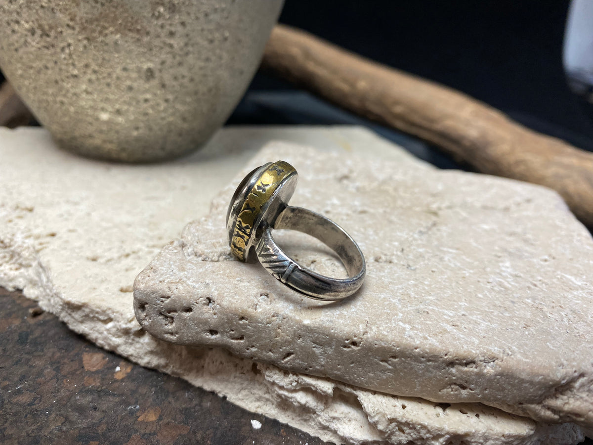 Carnelian silver vintage ring with brass or gold bezel, size 8.75