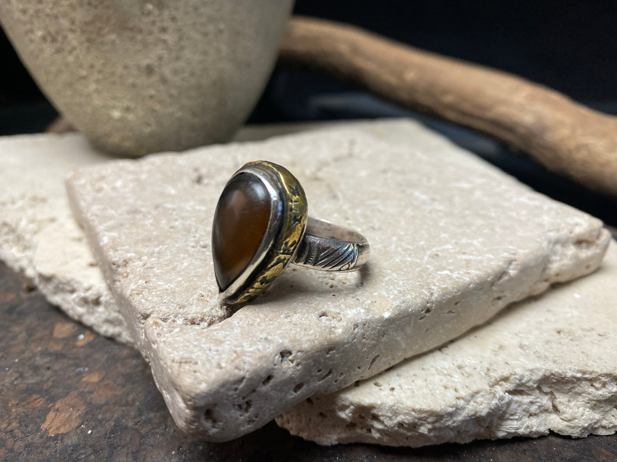 Carnelian silver vintage ring with brass or gold bezel, size 8.75