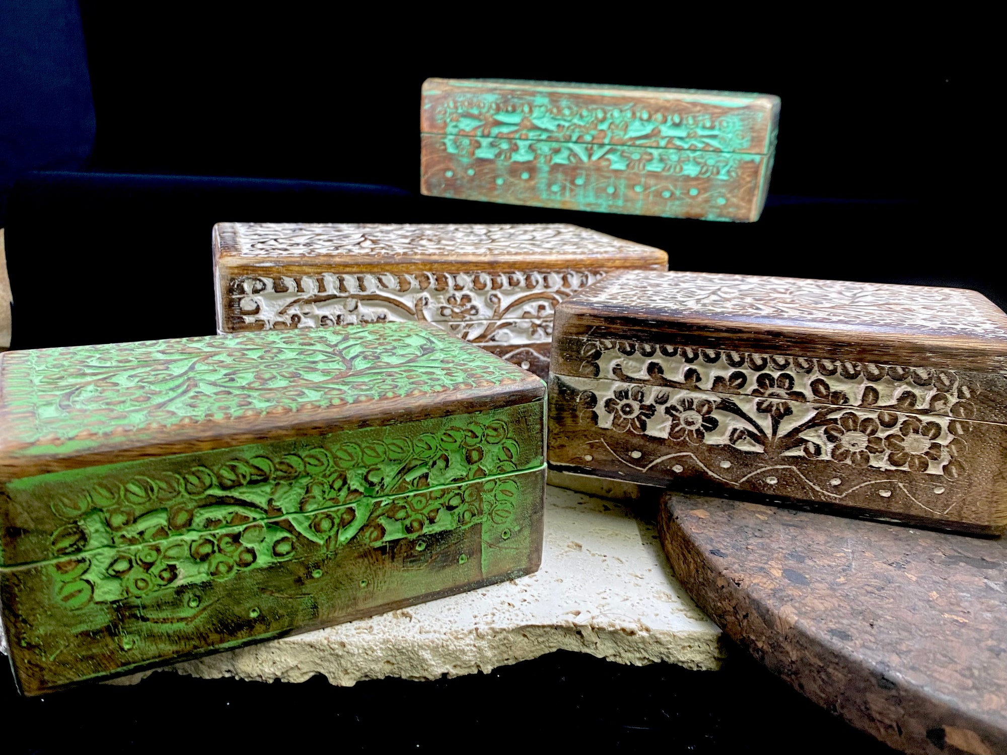 Hand carved solid mango wood boxes in two sizes and four colour finishes