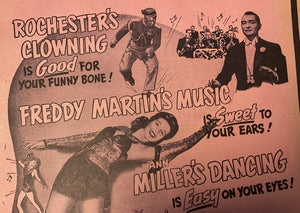 Vintage musical movie styling with an original Ann Miller movie poster from the 1943  movie "What's Buzzin' Cousin?" with Freddy Martin's Music band. Excellent condition, without tears or scuffing