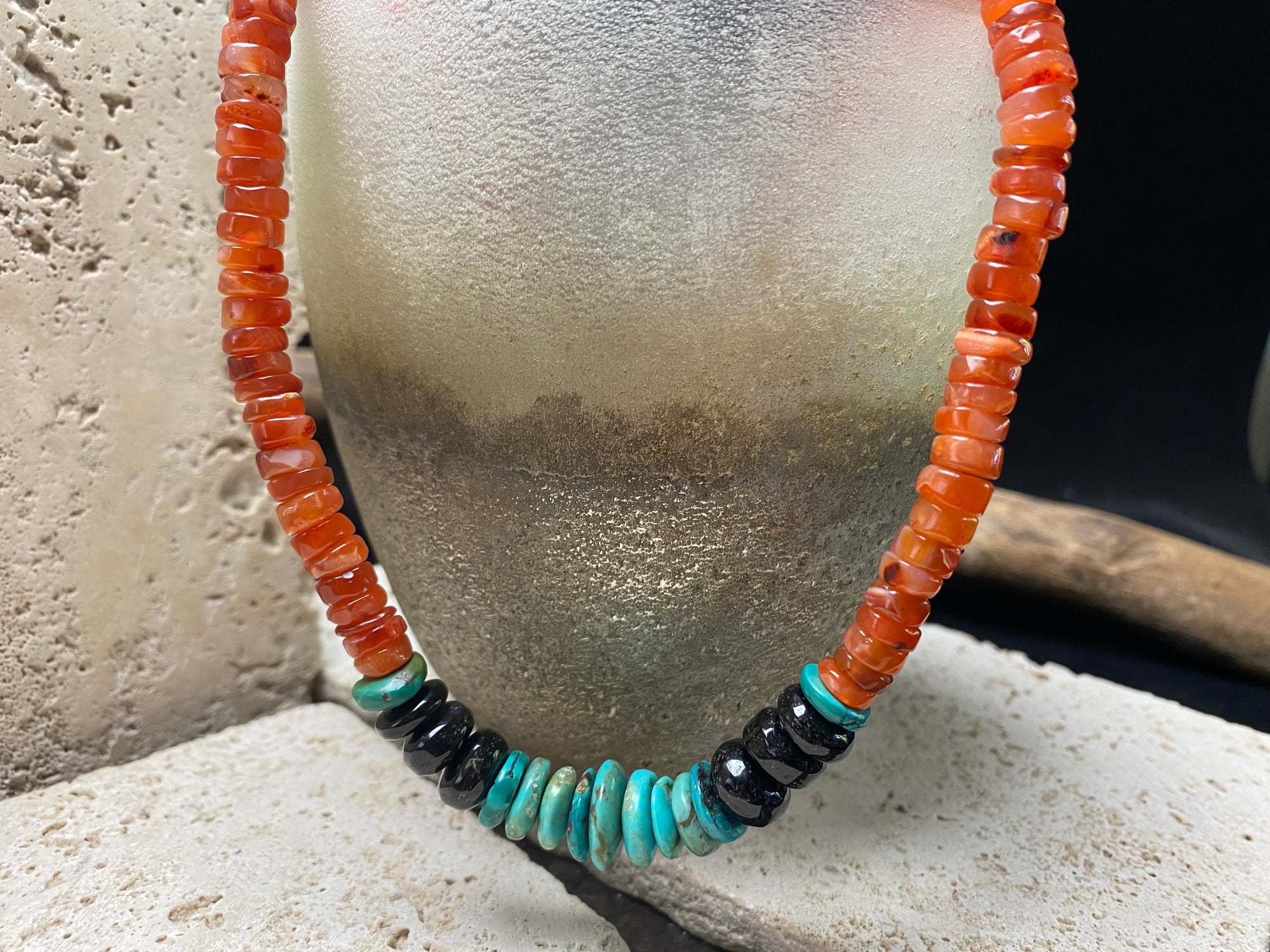 Chunky statement necklace with a southwest vibe, made from heshi cut carnelian beads, onyx and natural Arizona turquoise, finished with sterling silver beads and hook clasp. A one-off unisex necklace that will look stunning on a guy or girl. Measurements: 53 cm (21")