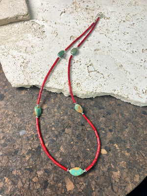 Red bamboo coral and natural Tibetan turquoise necklace, highlighted with sterling silver beads. This is a unisex necklace. Length 62-63 cm length