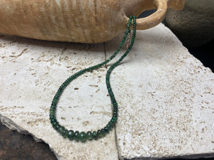 Stunning natural emerald necklace of perfectly drilled and graduated cabochon cut African emeralds finished with a sterling silver hook clasp. Not dyed or heat treated. Premium stringing on jeweller's monofilament. Length 44 cm, 52.6 Ct.