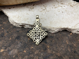 Front view of our Square Style Ethiopian Cross pendant, lost wax casting, non silver, hand made tribal African jewellery, boho, Christian, bohemian. Length 5.7 cm (2.25")