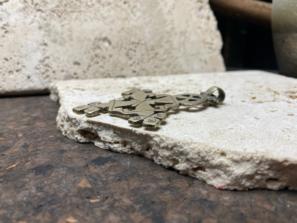 Front view of our large Ethiopian Cross pendant, lost wax casting, non silver, hand made, tribal, gypsy, African jewellery, boho, Christian, bohemian. Length 7.8 cm