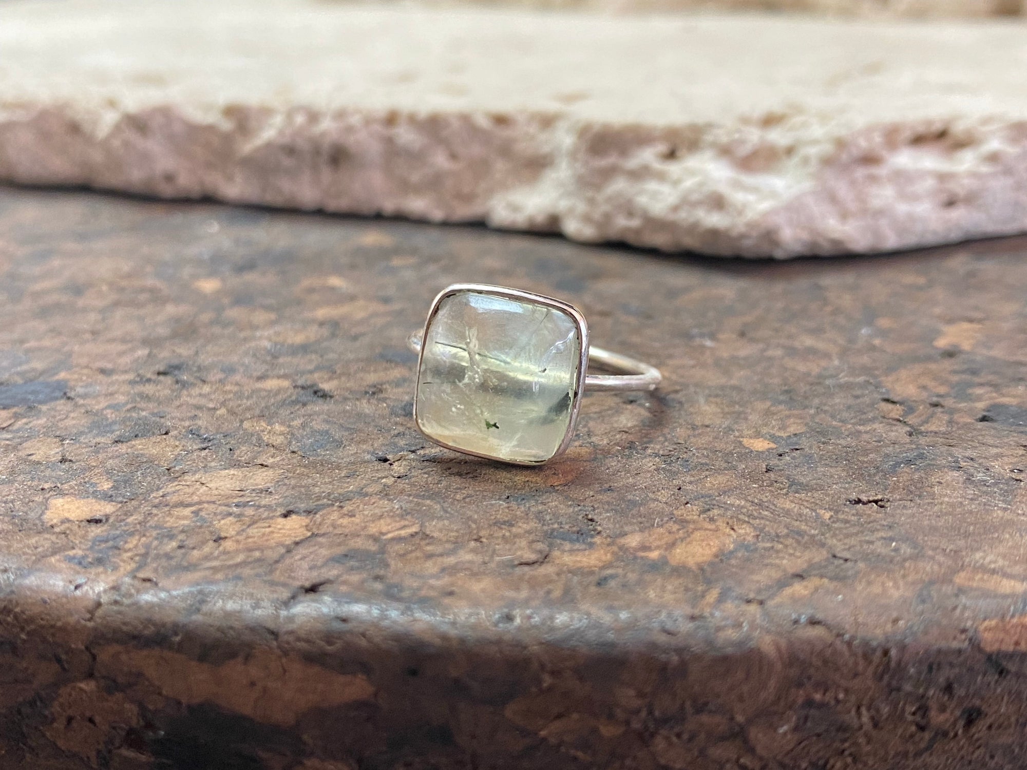Rainbow moonstone square gemstone ring set in simple sterling silver. Stone 1 x 1 cm