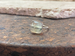 Tourmalated prehnite square gemstone ring set in simple sterling silver. Stone 1 x 1 cm