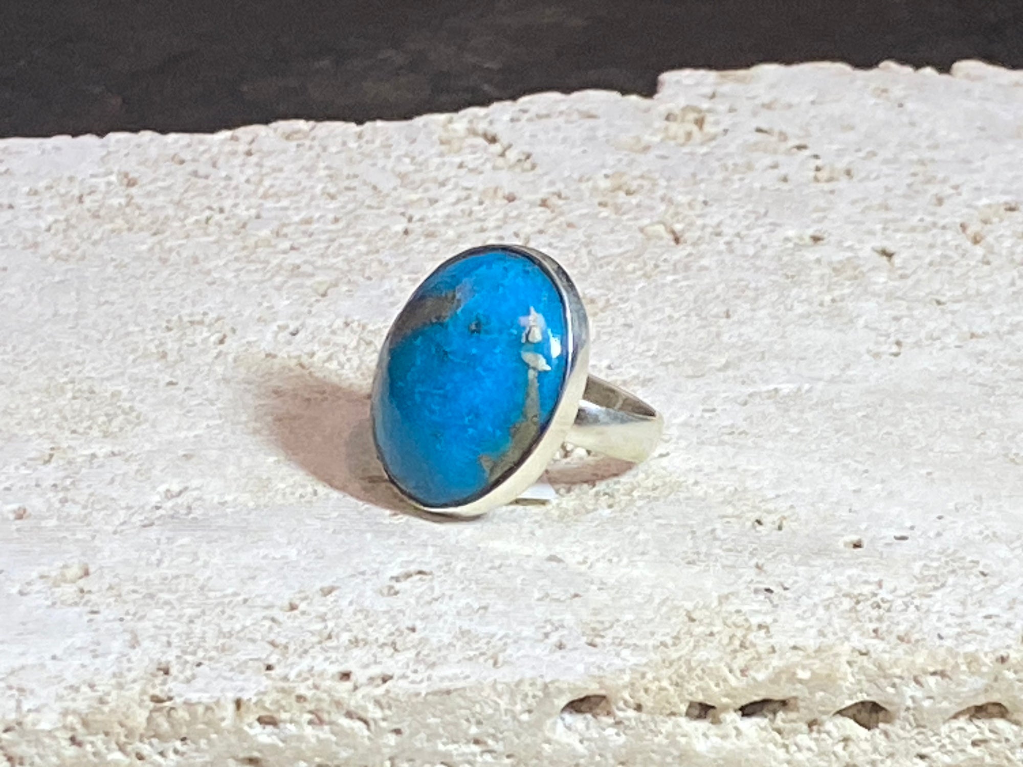 Striking deep blue turquoise & sterling silver ring, size 7.5