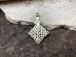 Back view of our Square Style Ethiopian Cross pendant, lost wax casting, non silver, hand made tribal African jewellery, boho, Christian, bohemian. Length 5.7 cm (2.25")