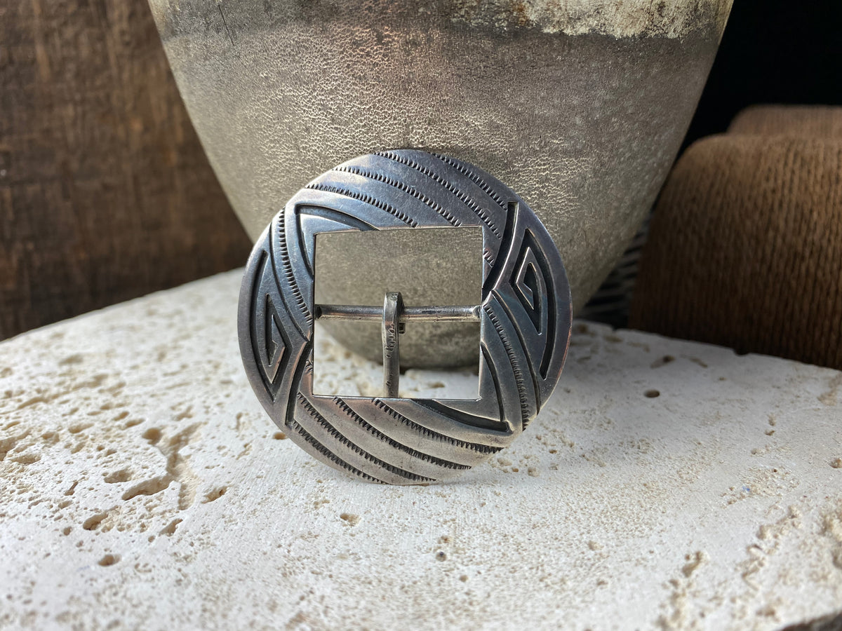 Vintage silver belt buckle, Hopi Indian circa 1950, 2 inches (5.4 cm) diameter