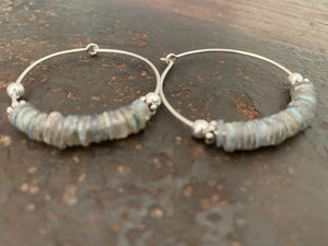 Labradorite earrings facet cut on every side to show off their fire, Sterling silver hoops