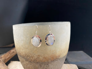 rainbow moonstone oval silver earrings