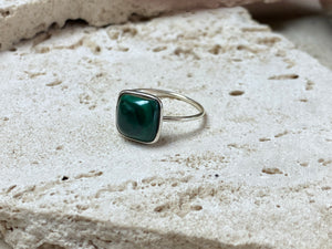 Malachite square gemstone ring set in simple sterling silver. Stone 1 x 1 cm