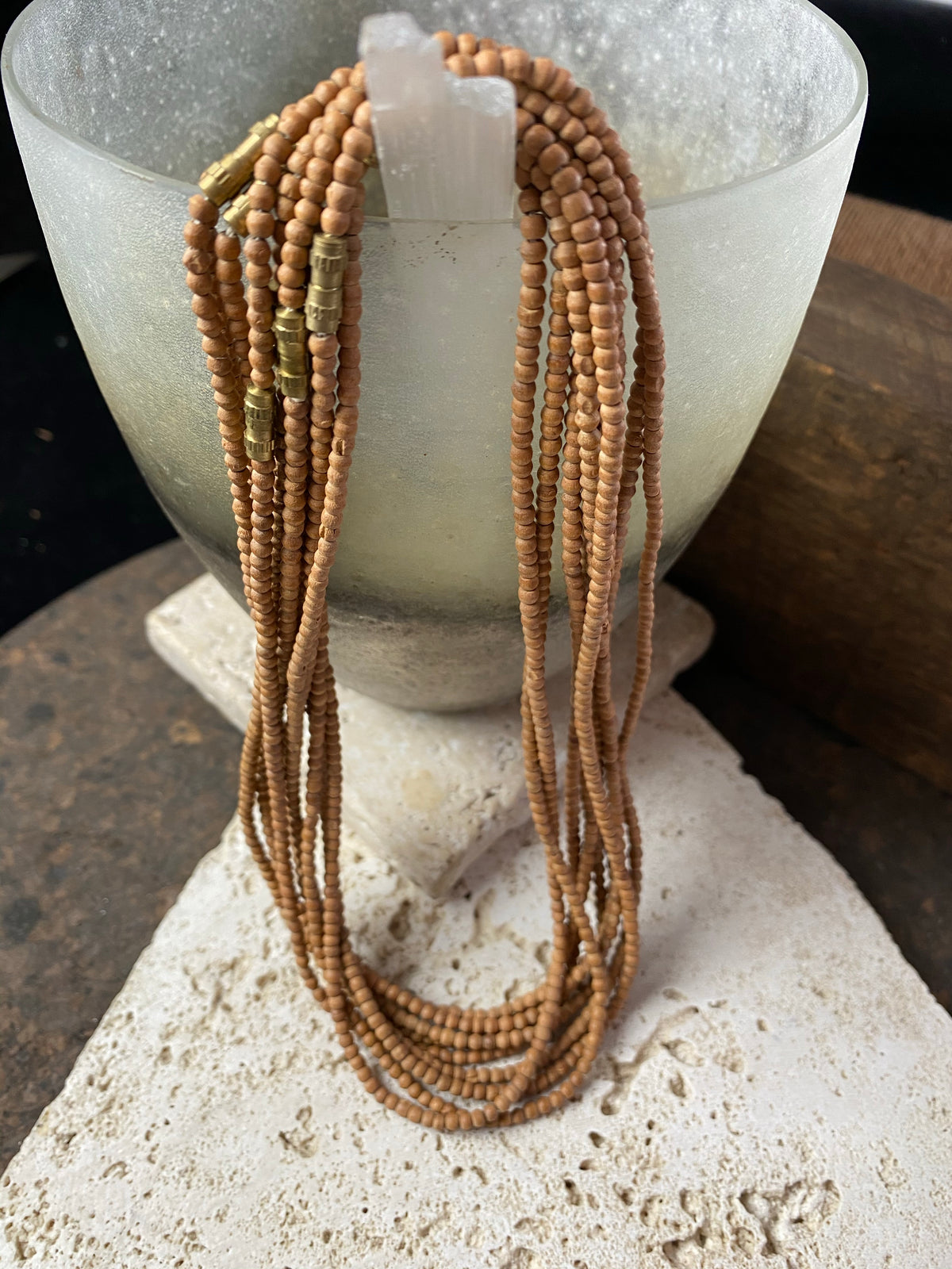 Genuine, natural fine sandalwood bead choker necklace. Brass screw clasp.