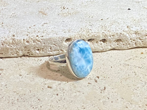 Larimar stone rings set in sterling silver. Each ring is unique, cut and mounted to showcase the beauty of the individual stones.