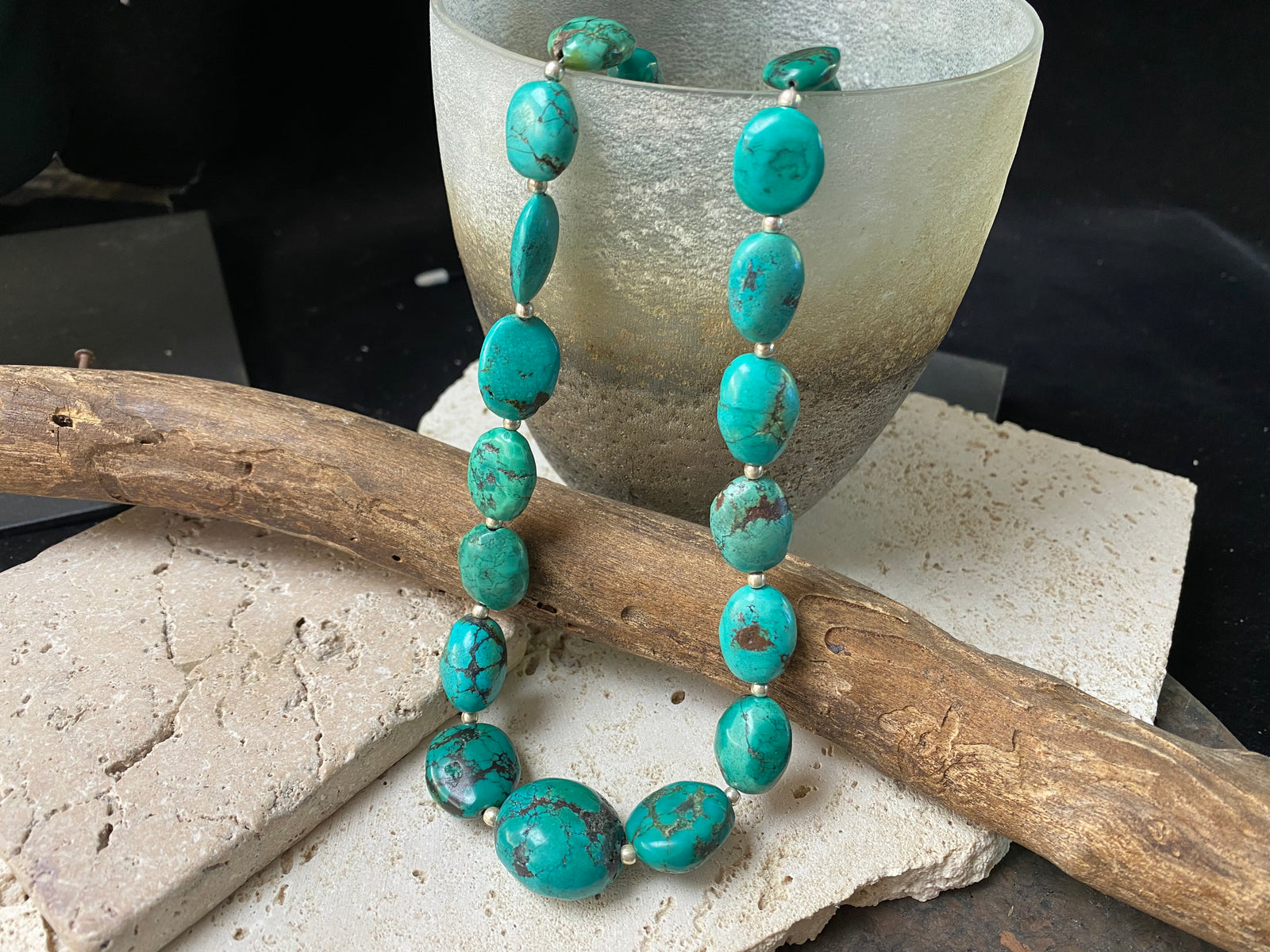 Stunning natural turquoise necklace featuring sterling silver beads and fastening. A unique tribal inspired necklace with a luxurious Boho vibe Measurements: 44 cm length including clasp