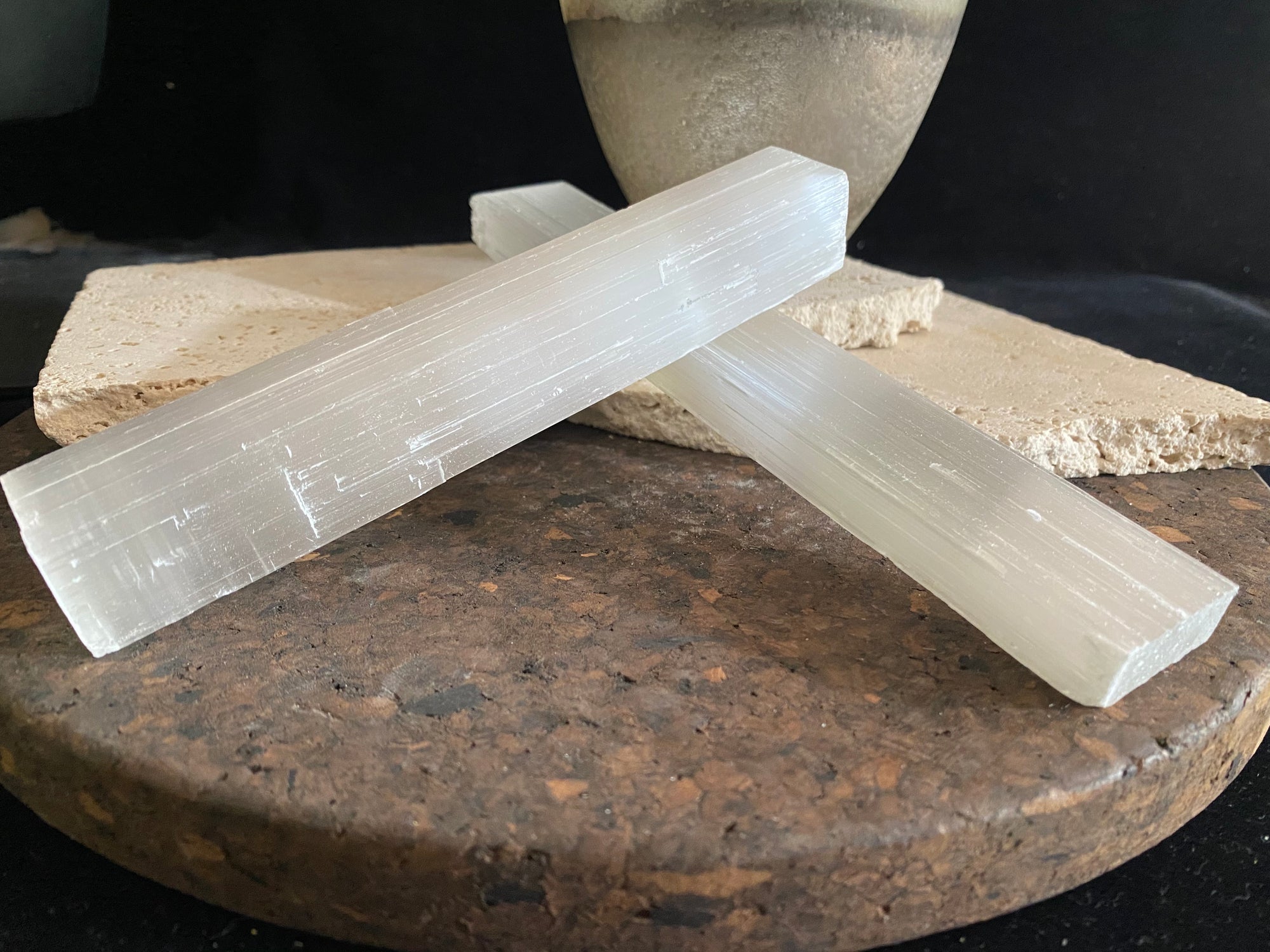 Selenite crystal wands or sticks. Use them as decoration, to add to a collection of crystals and gemstones, or as unique items of home decor.