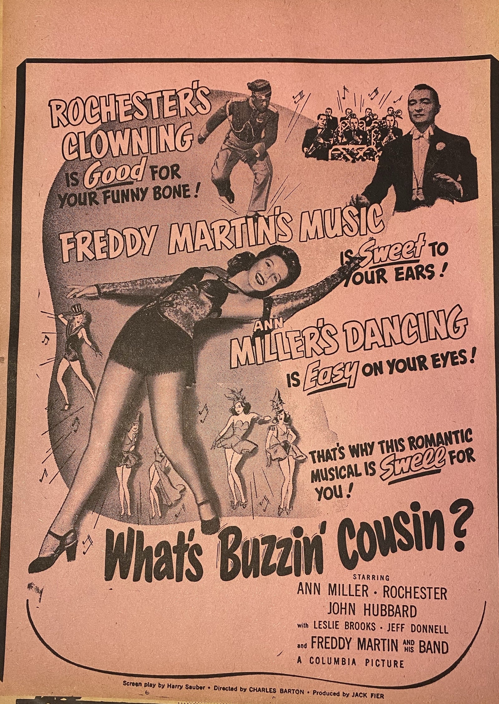 Vintage musical movie styling with an original Ann Miller movie poster from the 1943  movie "What's Buzzin' Cousin?" with Freddy Martin's Music band. Excellent condition, without tears or scuffing