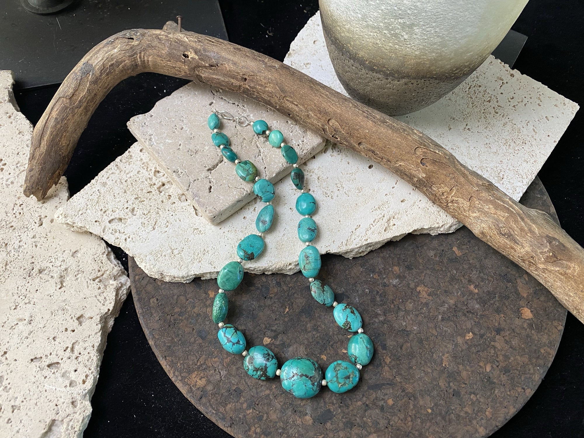 Stunning natural turquoise necklace featuring sterling silver beads and fastening. A unique tribal inspired necklace with a luxurious Boho vibe Measurements: 44 cm length including clasp