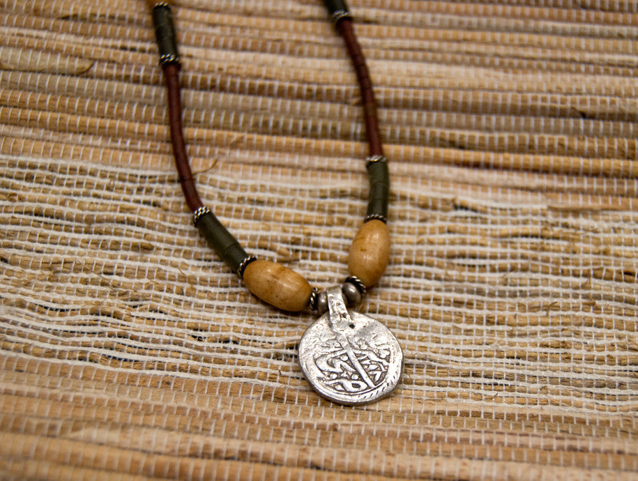 Tribal inspired natural red and green serpentine necklace with antique coin pendant