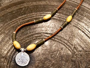 Tribal inspired natural red and green serpentine necklace with antique coin pendant