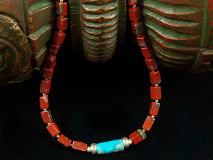 Red Jasper and Turquoise Necklace with silver detailing and clasp