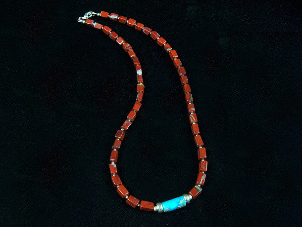 Red Jasper and Turquoise Necklace with silver detailing and clasp