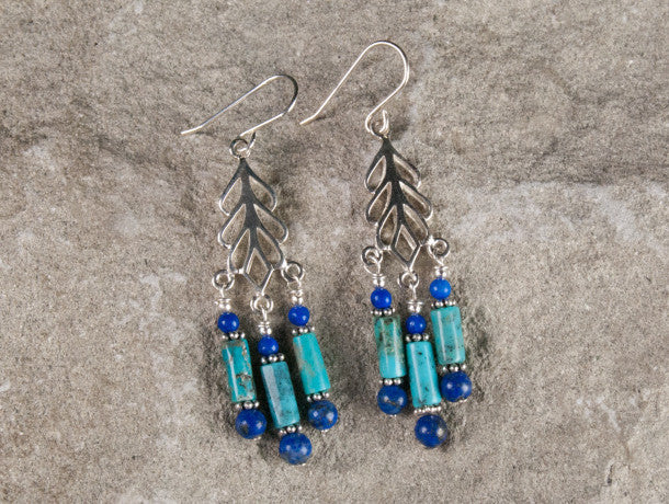Elegant silver & sone drop earrings combining natural Arizona turquoise and Afghan lapis lazuli