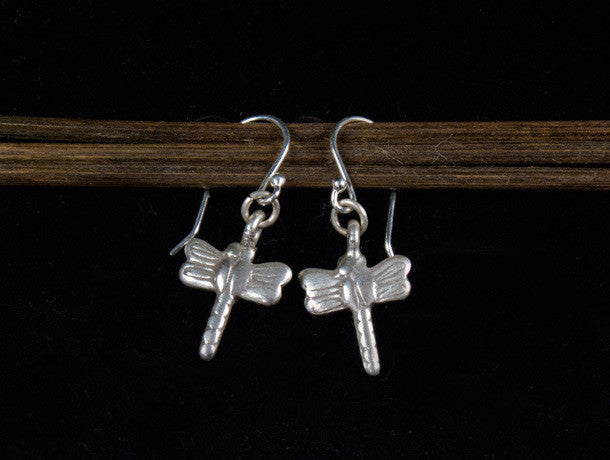 Silver dragonfly earrings made from 950 silver, finished with a sterling silver shepherd hook
