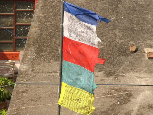 Vertical Buddhist prayer flags, a popular Buddhist accessory. The mantra om mani padme hum, the prayer to the Compassionate Buddha Avelokitsvara, is written on each flag releasing all prayers, promoting peace, compassion, strength, and wisdom. Hand block printed cotton, from Nepal. Height 2 metres, each flag 36 x 39 cm. Photo: McKay Savage Wikicommons